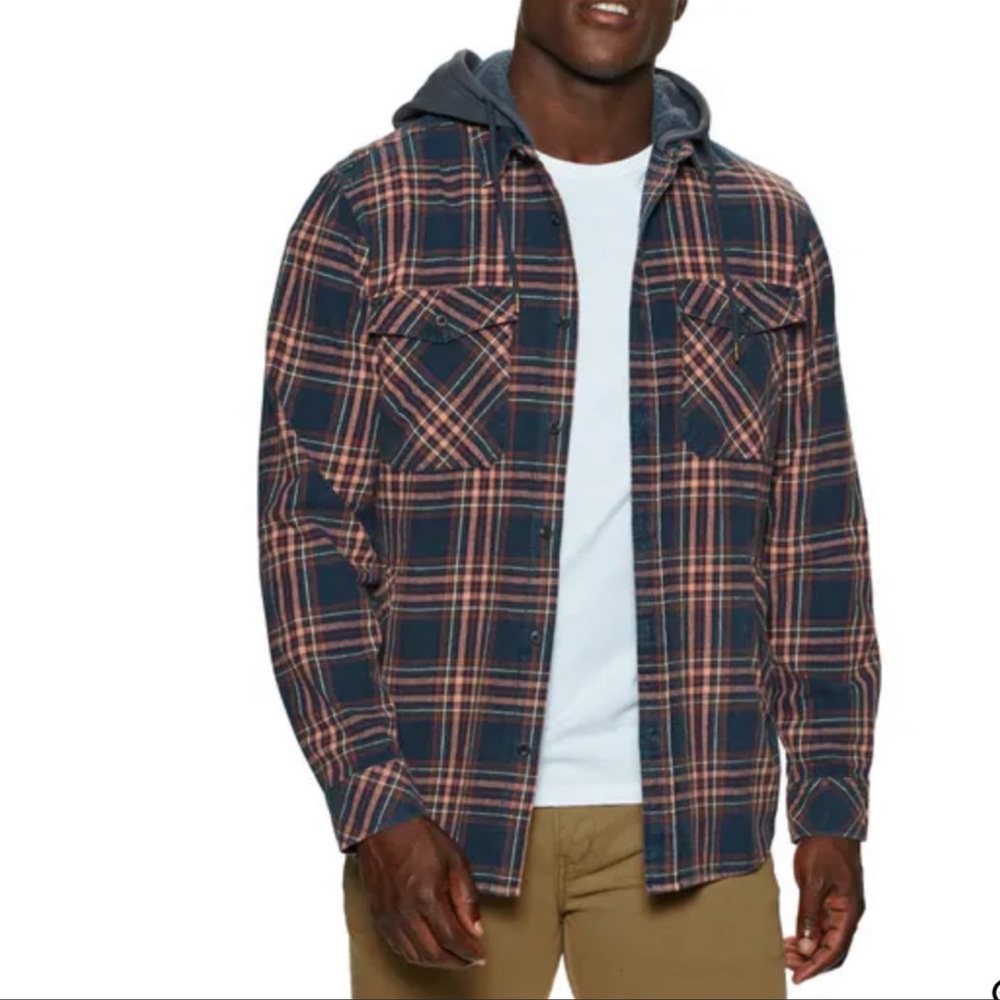 Rip Curl Hooded Flannel Shirt Ranchero Plaid Washed Navy NWT Men’s Size Large